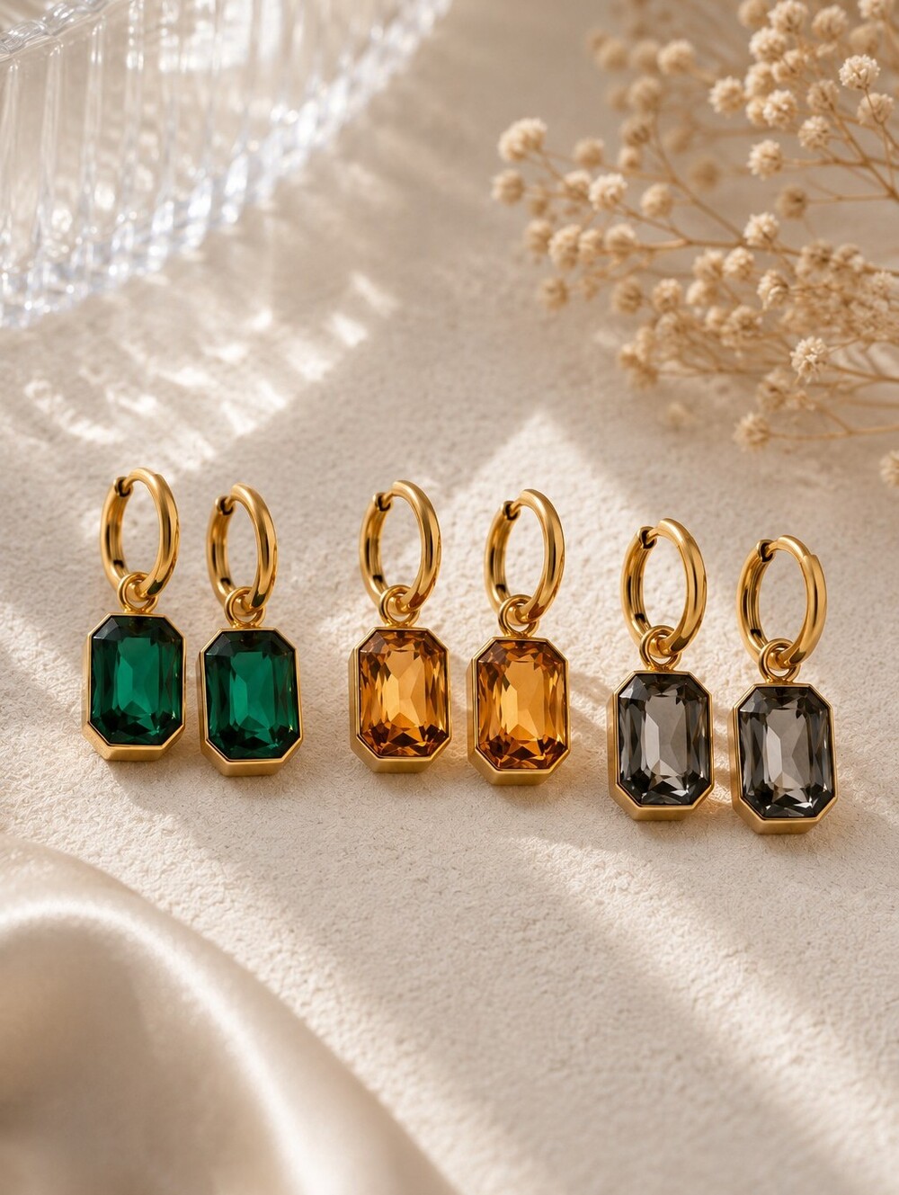 Gold Hoops with Amber Gem Drop - Picture 7 of 9